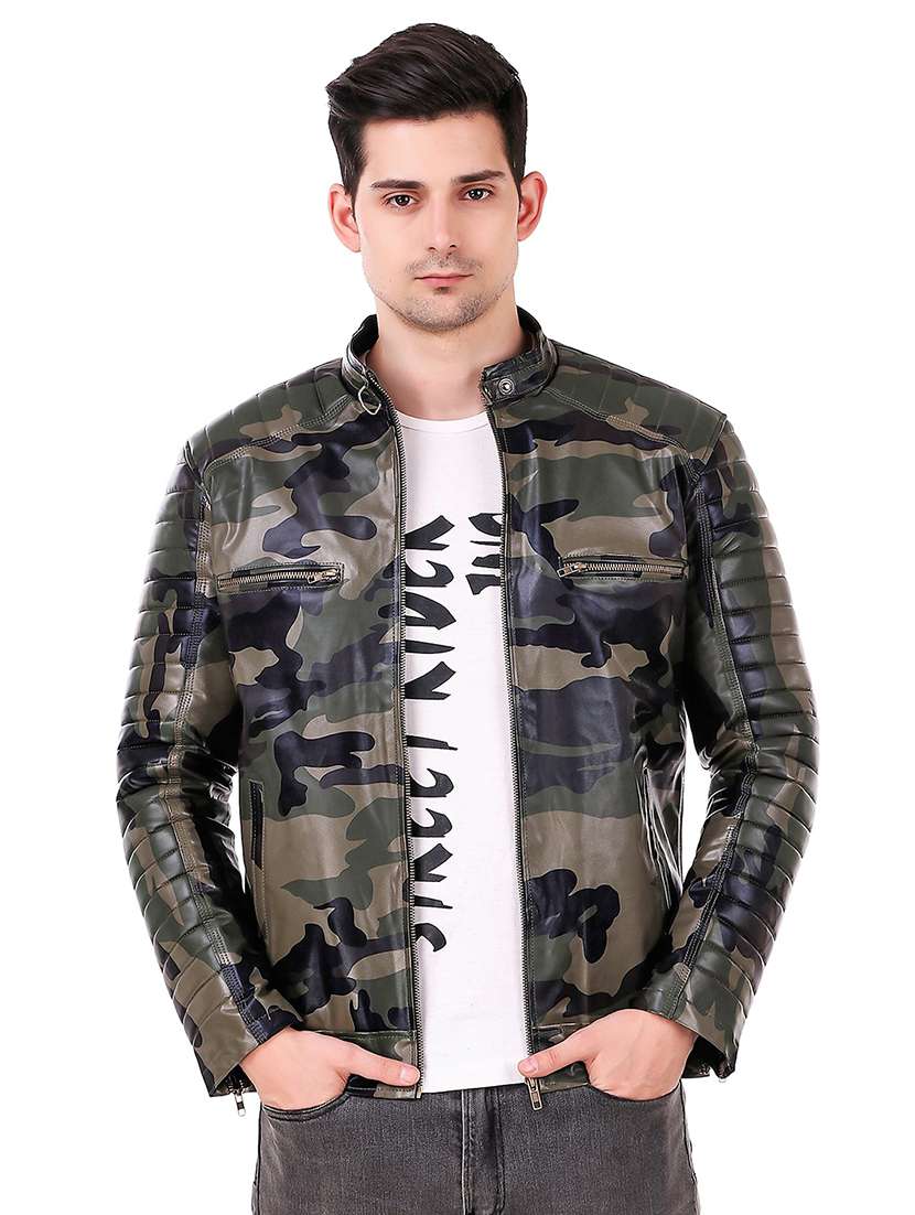 green camouflage printed biker jacket