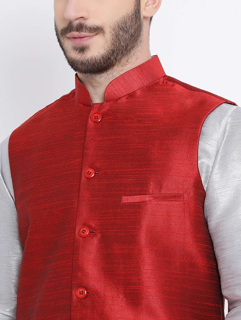 red silk blend nehru jacket - 16561949 -  Standard Image - 4