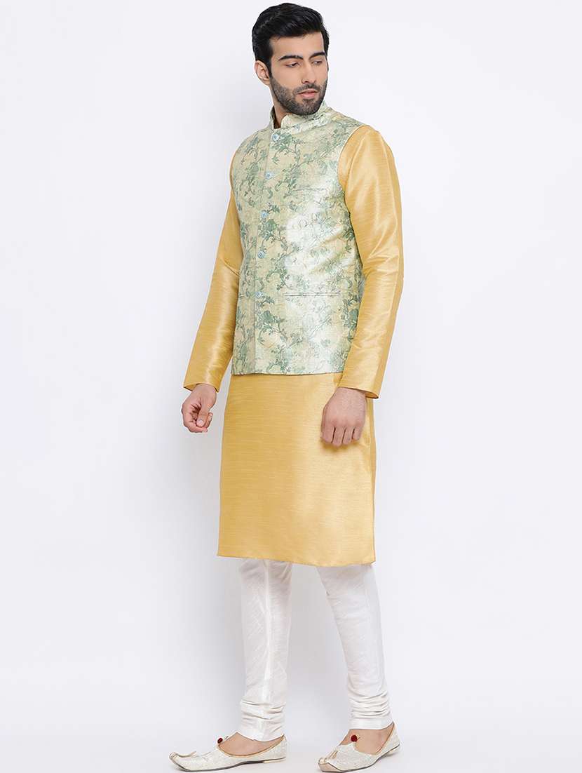 yellow pure silk kurta pyjama set with nehru jacket - 16562399 -  Standard Image - 1