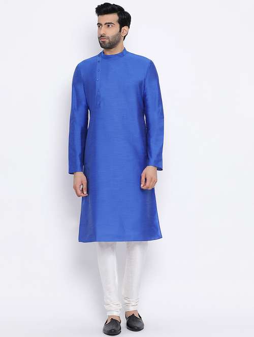 blue pure silk long kurta - 16562540 - Standard Image - 0