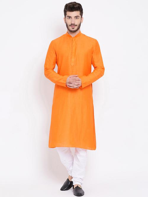 orange linen long kurta - 16562547 - Standard Image - 0
