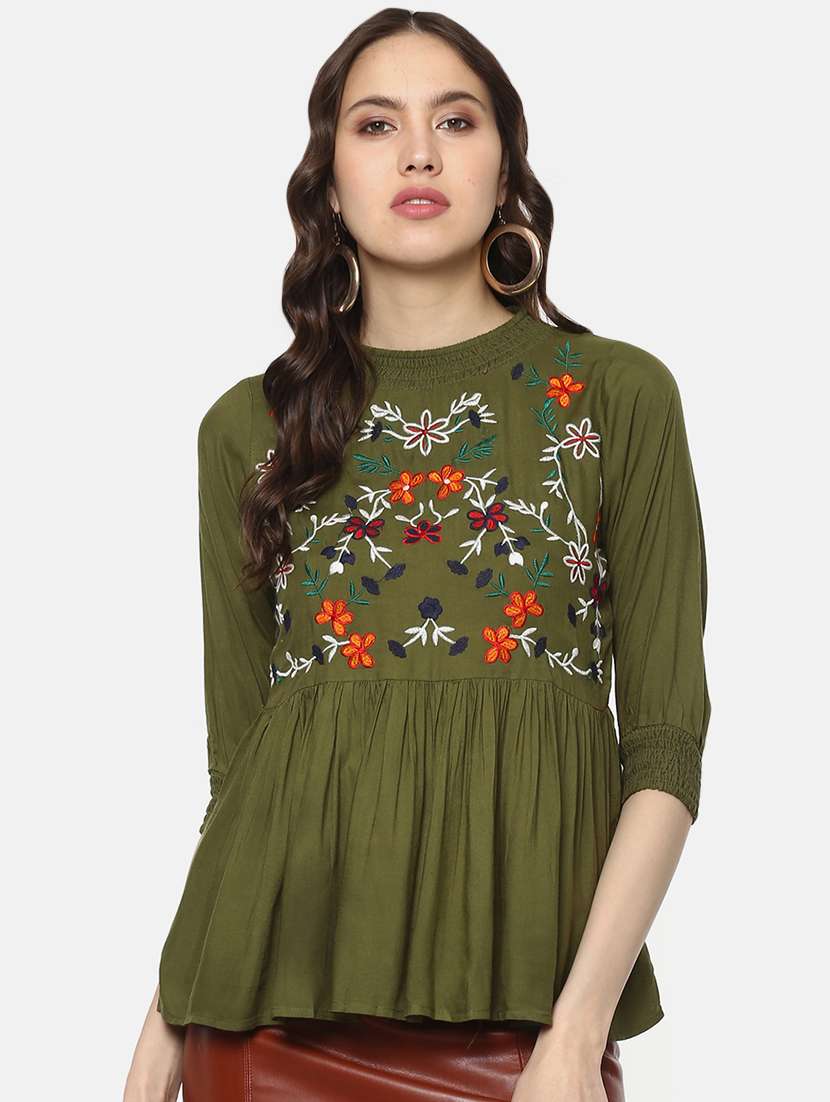 mock neck embroidered gathered top