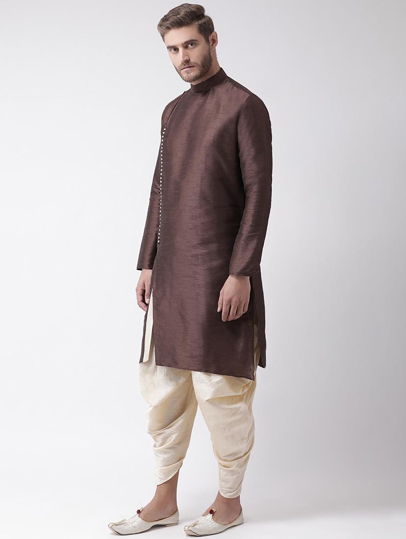 deep brown dupion solid dhoti kurta set - 16569596 -  Standard Image - 1
