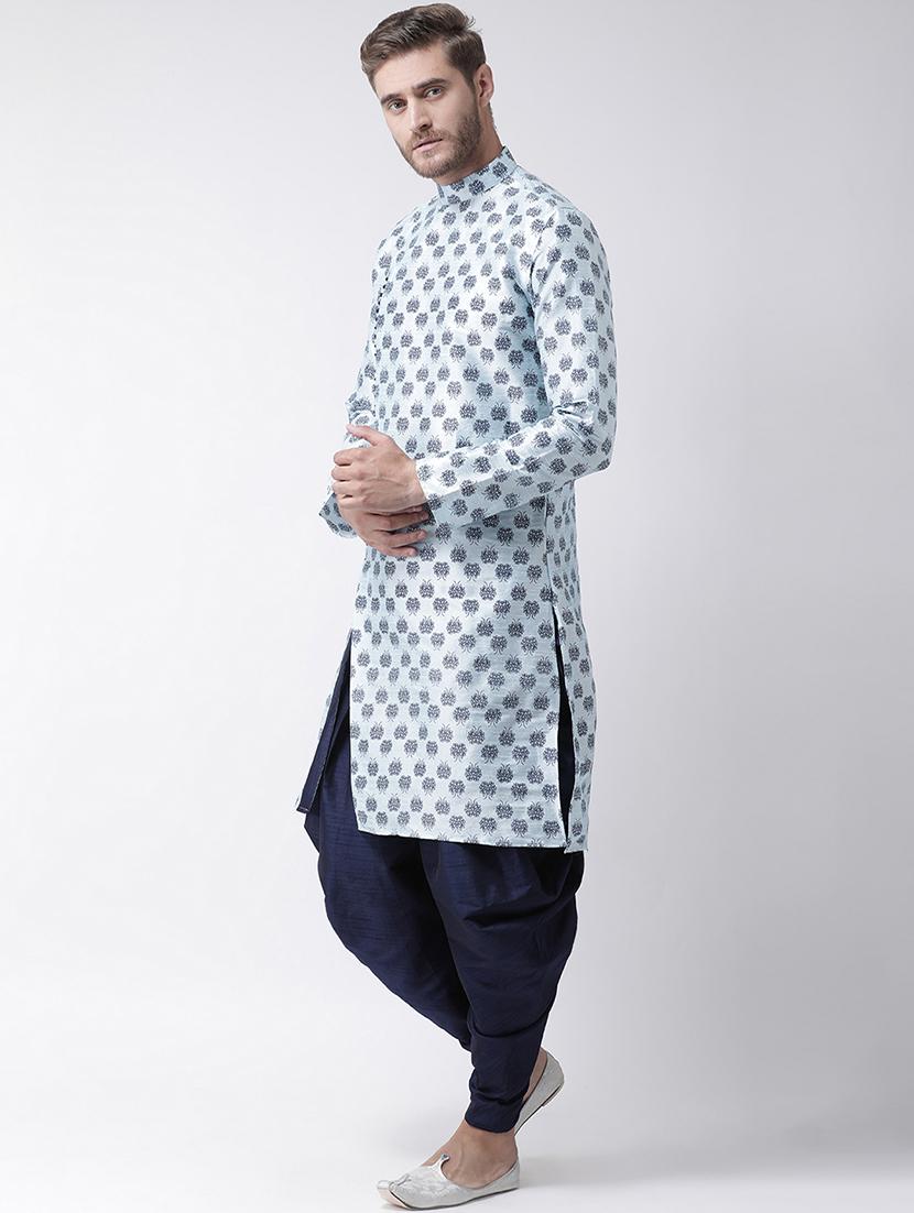 light blue dupion printed dhoti kurta set - 16569601 - Standard Image - 1