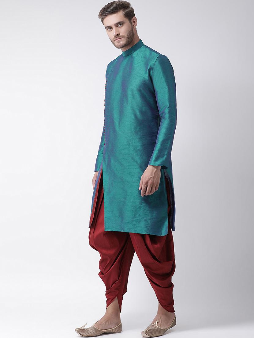 teal green dupion solid dhoti kurta set - 16569603 -  Standard Image - 1