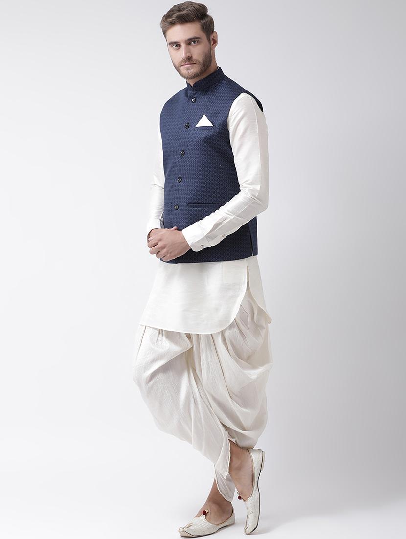 white dhoti kurta set with navy blue printed nehru jacket  - 16569617 -  Standard Image - 1