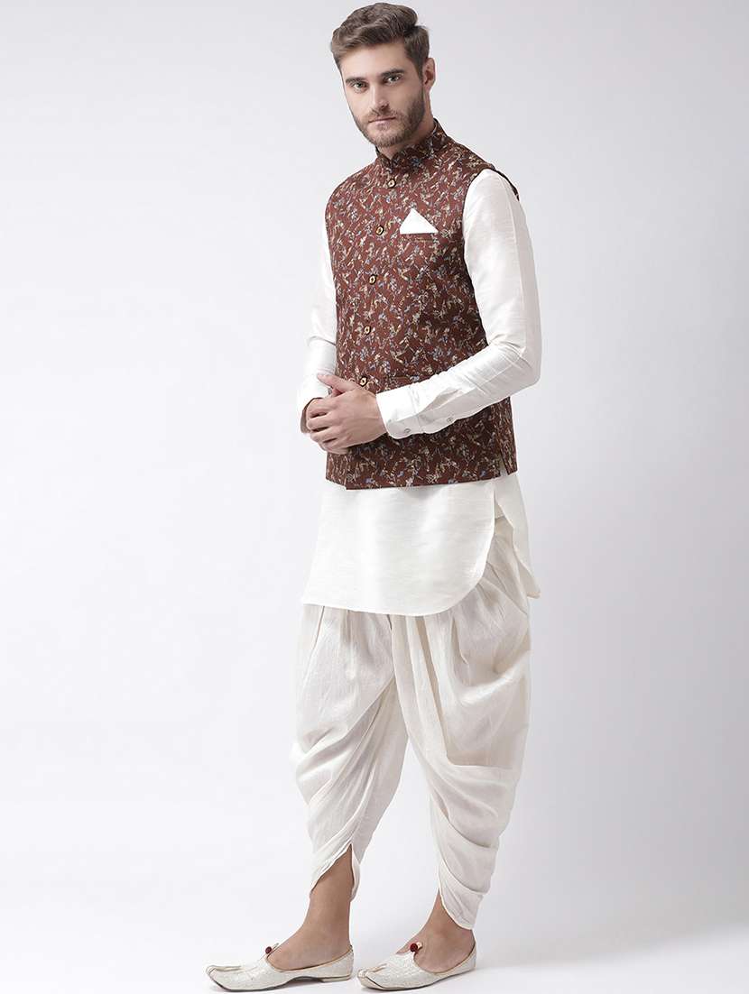 white dhoti kurta set with brown printed nehru jacket  - 16569623 -  Standard Image - 1