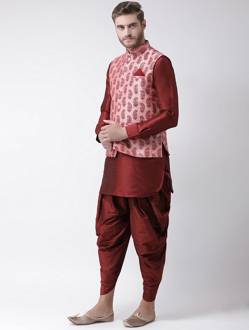 maroon dhoti kurta set with pink printed nehru jacket - 16569633 - Standard Image - 1
