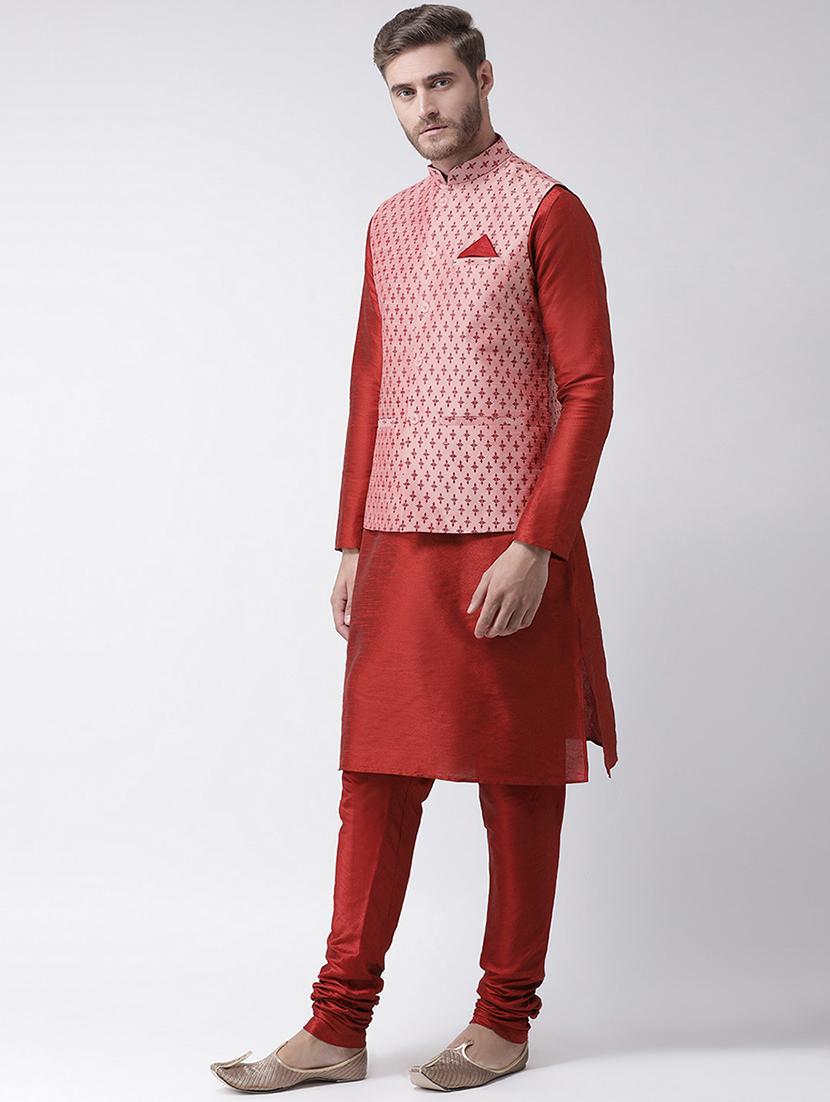 red kurta pyjama set with pink printed nehru jacket - 16569634 - Standard Image - 1