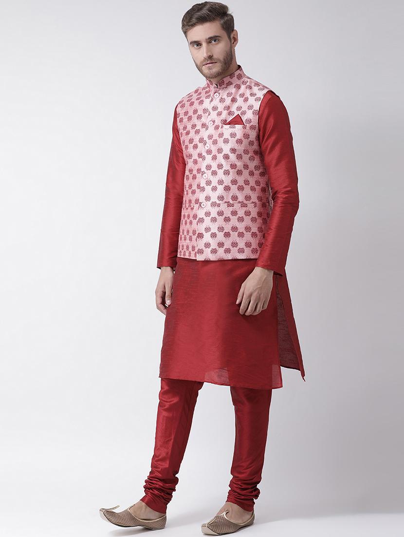 red kurta pyjama set with pink printed nehru jacket  - 16569636 -  Standard Image - 1