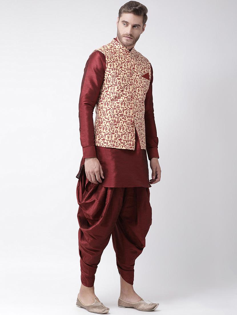 maroon dhoti kurta set with beige printed nehru jacket  - 16569641 -  Standard Image - 1