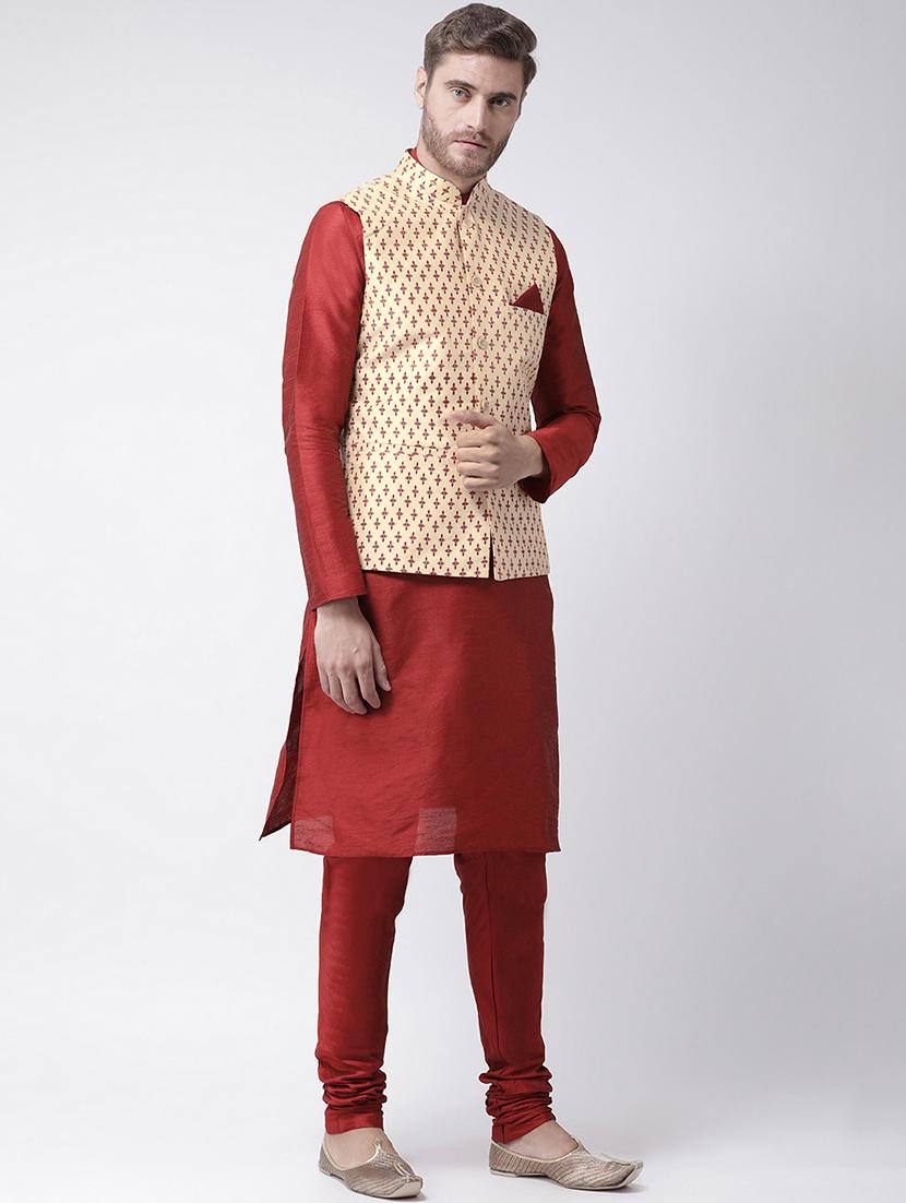 red kurta pyjama set with beige printed nehru jacket  - 16569644 -  Standard Image - 1