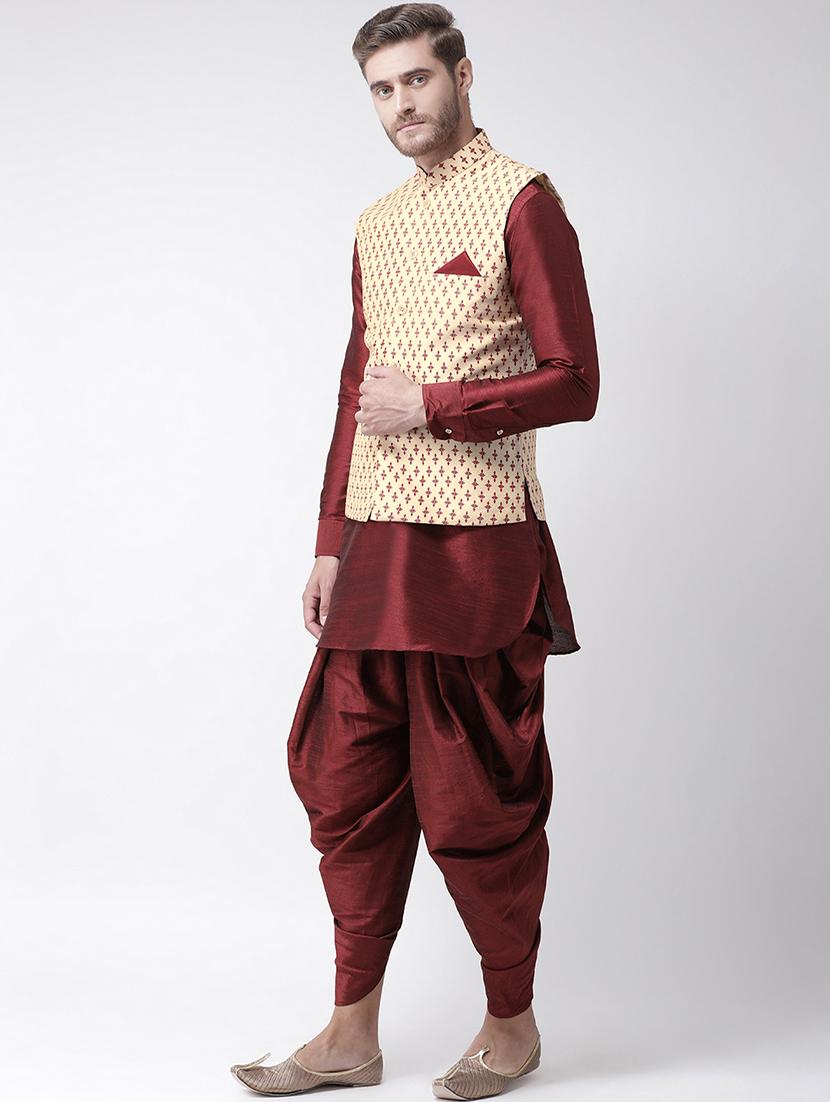 maroon dhoti kurta set with beige printed nehru jacket - 16569645 - Standard Image - 1
