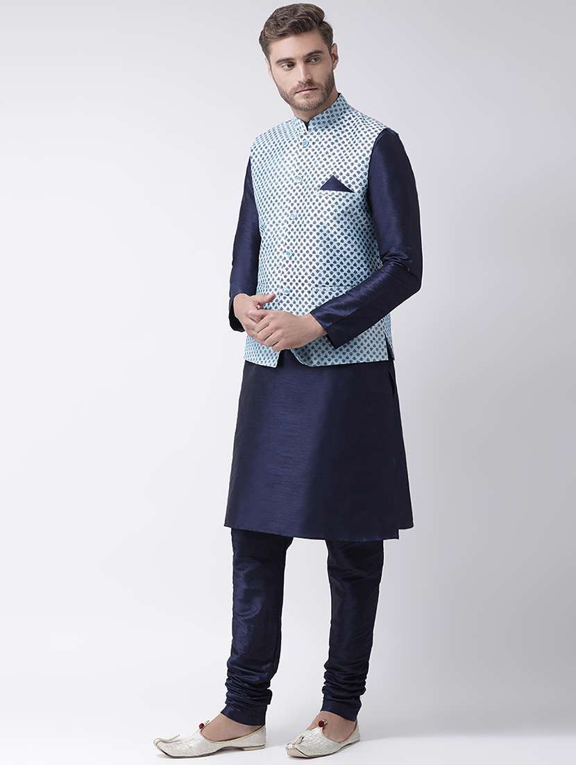 navy blue kurta pyjama set with blue printed nehru jacket  - 16569650 -  Standard Image - 1