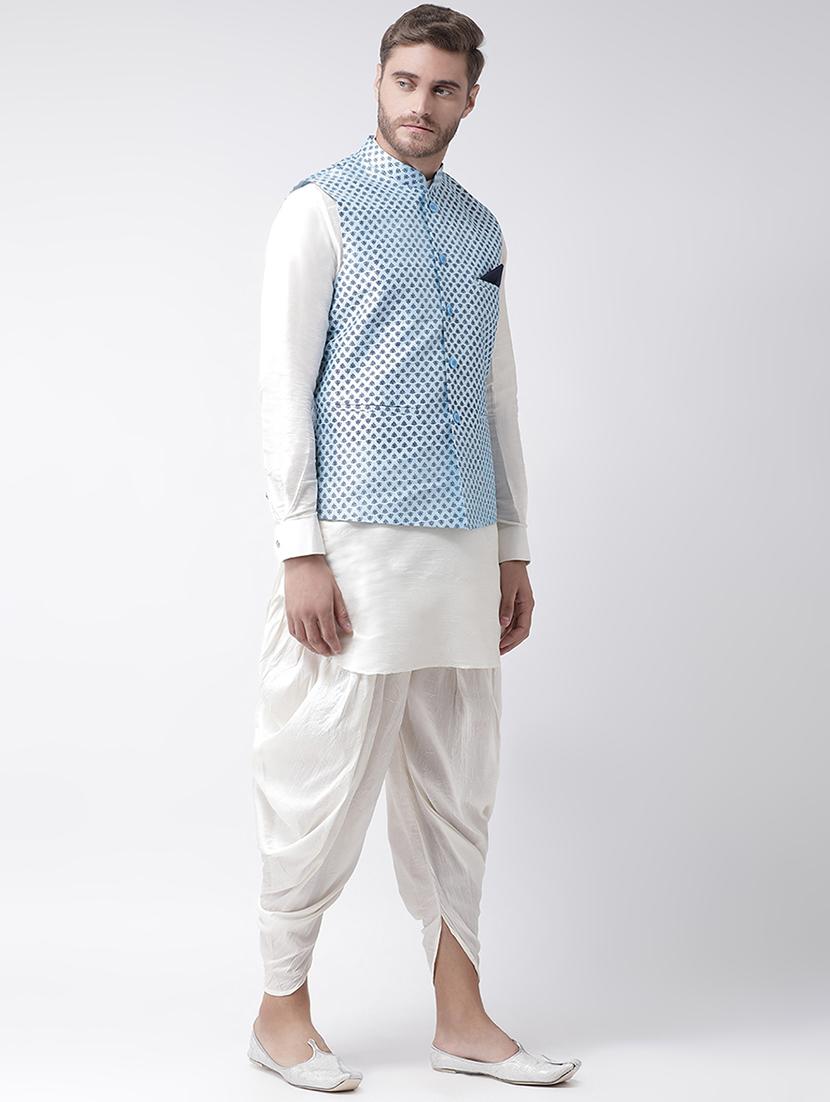 white dhoti kurta set with blue printed nehru jacket - 16569651 - Standard Image - 1