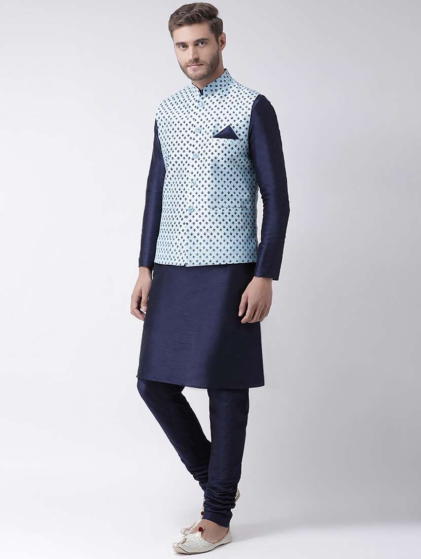 navy blue kurta pyjama set with blue printed nehru jacket  - 16569652 -  Standard Image - 1