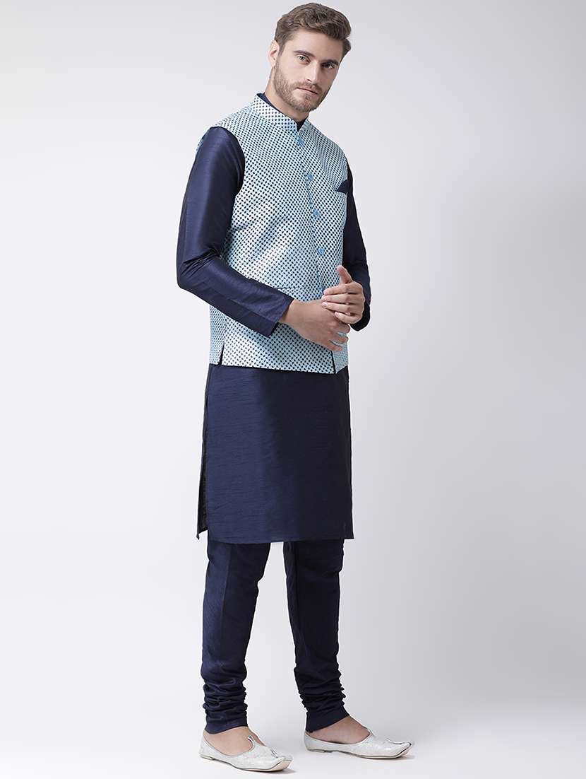 navy blue kurta pyjama set with blue printed nehru jacket  - 16569658 -  Standard Image - 1