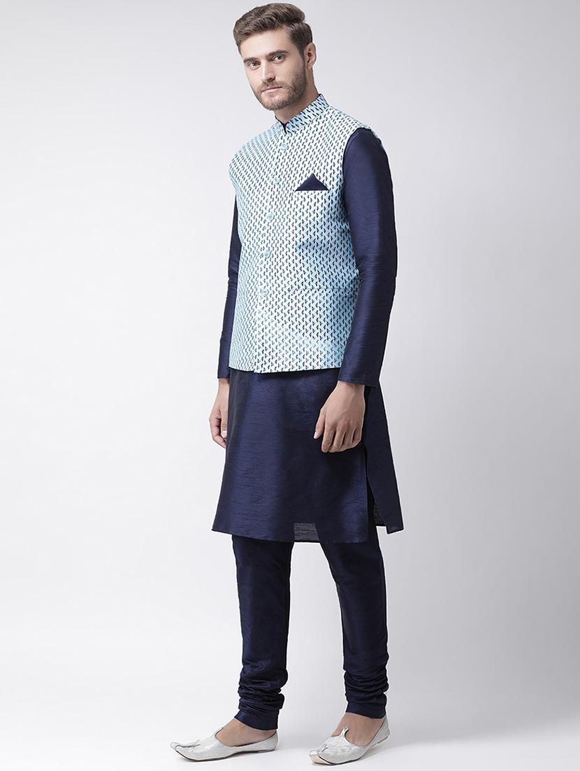 navy blue kurta pyjama set with blue printed nehru jacket - 16569660 - Standard Image - 1