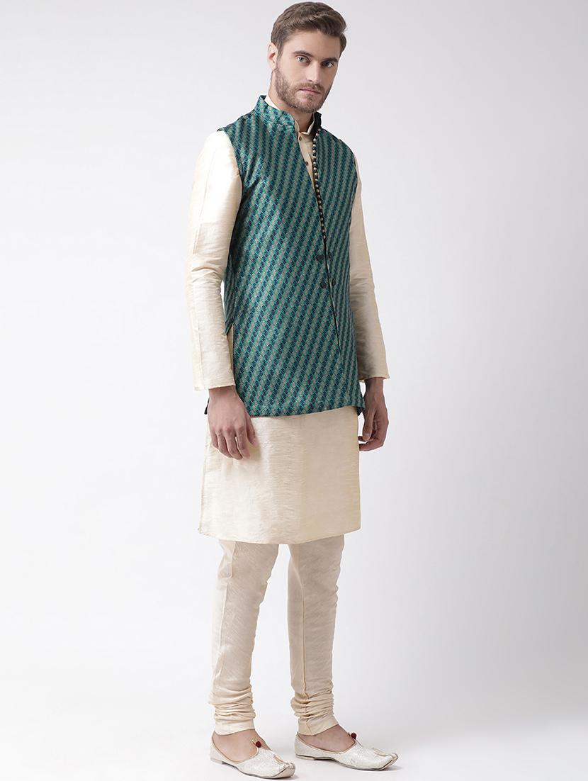 white kurta pyjama set with green jacquard nehru jacket  - 16569691 -  Standard Image - 1
