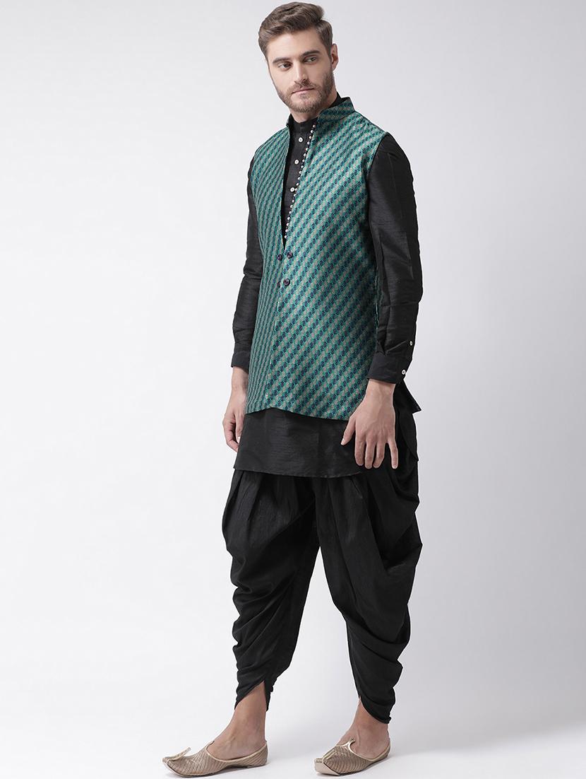 black dhoti kurta set with green jacquard nehru jacket - 16569692 -  Standard Image - 1
