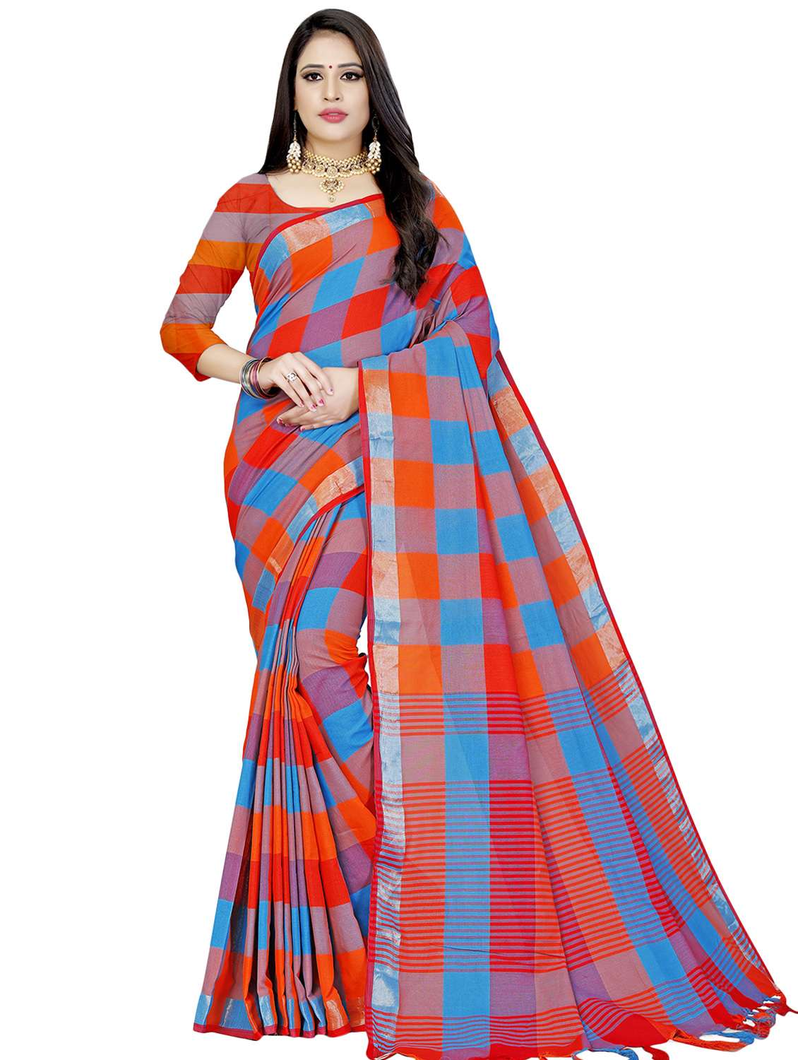 checkered woven saree with blouse