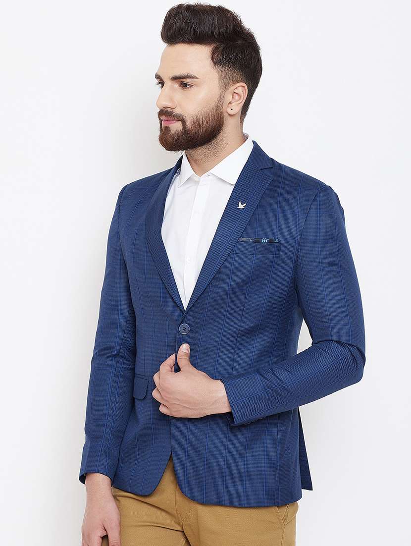navy blue checkered single breasted casual blazer - 16584849 - Standard Image - 1