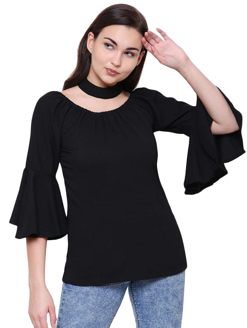 off shoulder bell sleeved top with choker 
