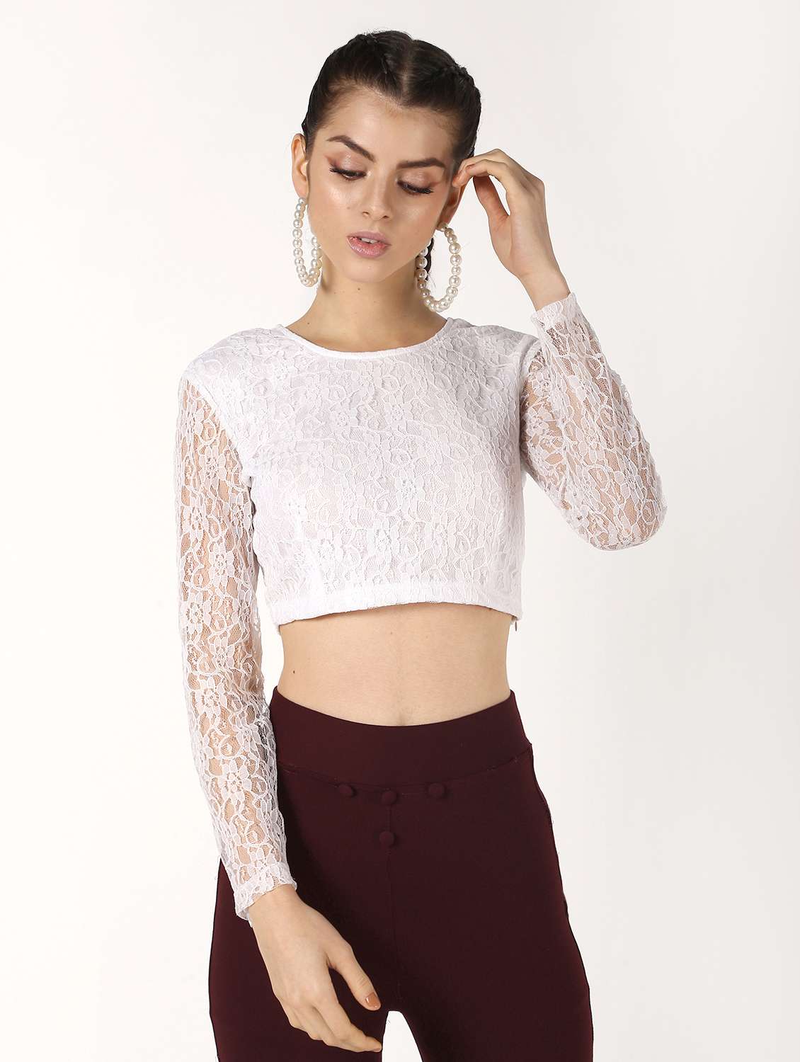 round neck laced crop top - 16589007 -  Standard Image - 1