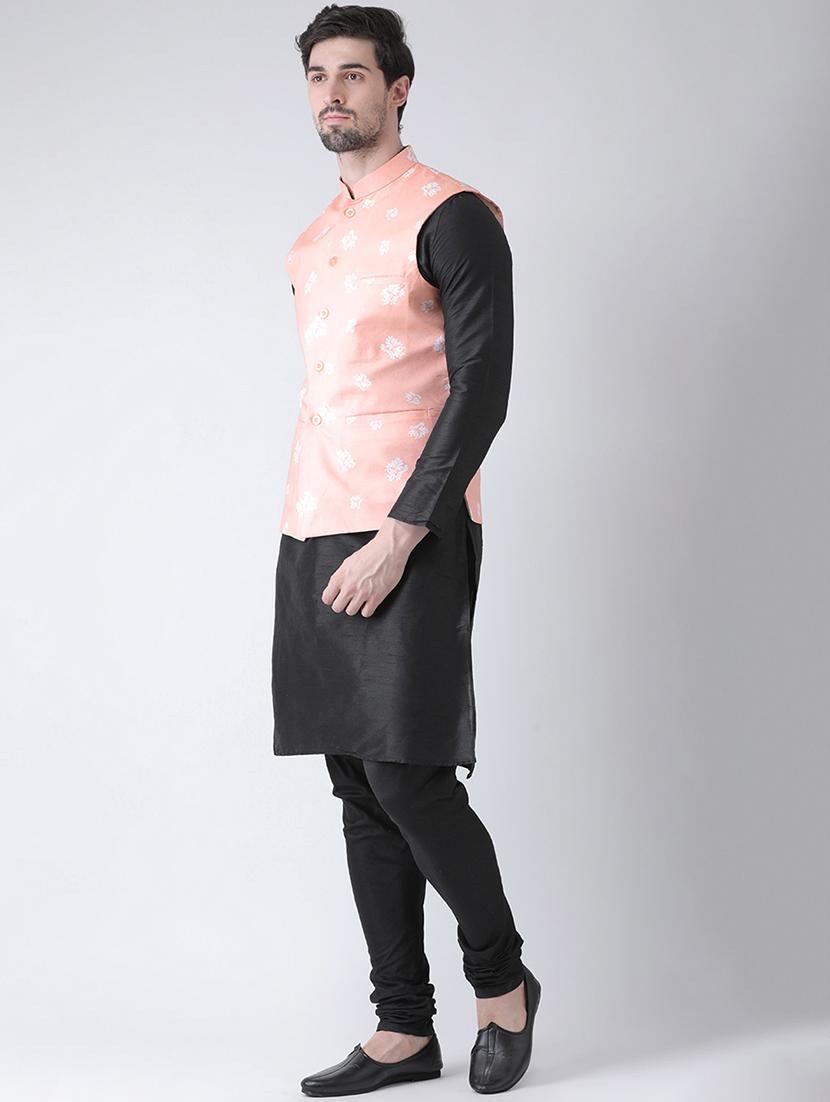 black solid kurta pyjama set with nehru jacket - 16595383 - Standard Image - 1