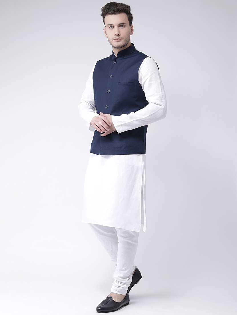 white solid kurta pyjama set with nehru jacket - 16595387 -  Standard Image - 1