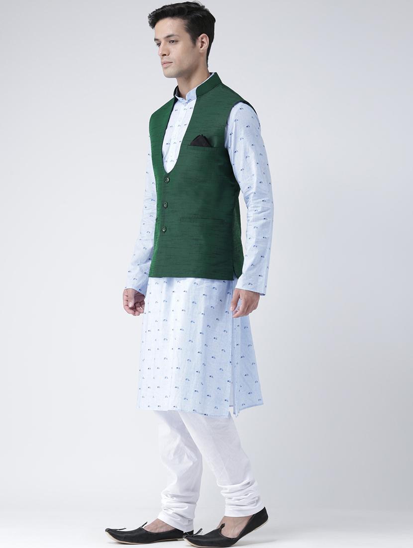 light blue printed kurta pyjama set with nehru jacket - 16595484 - Standard Image - 1