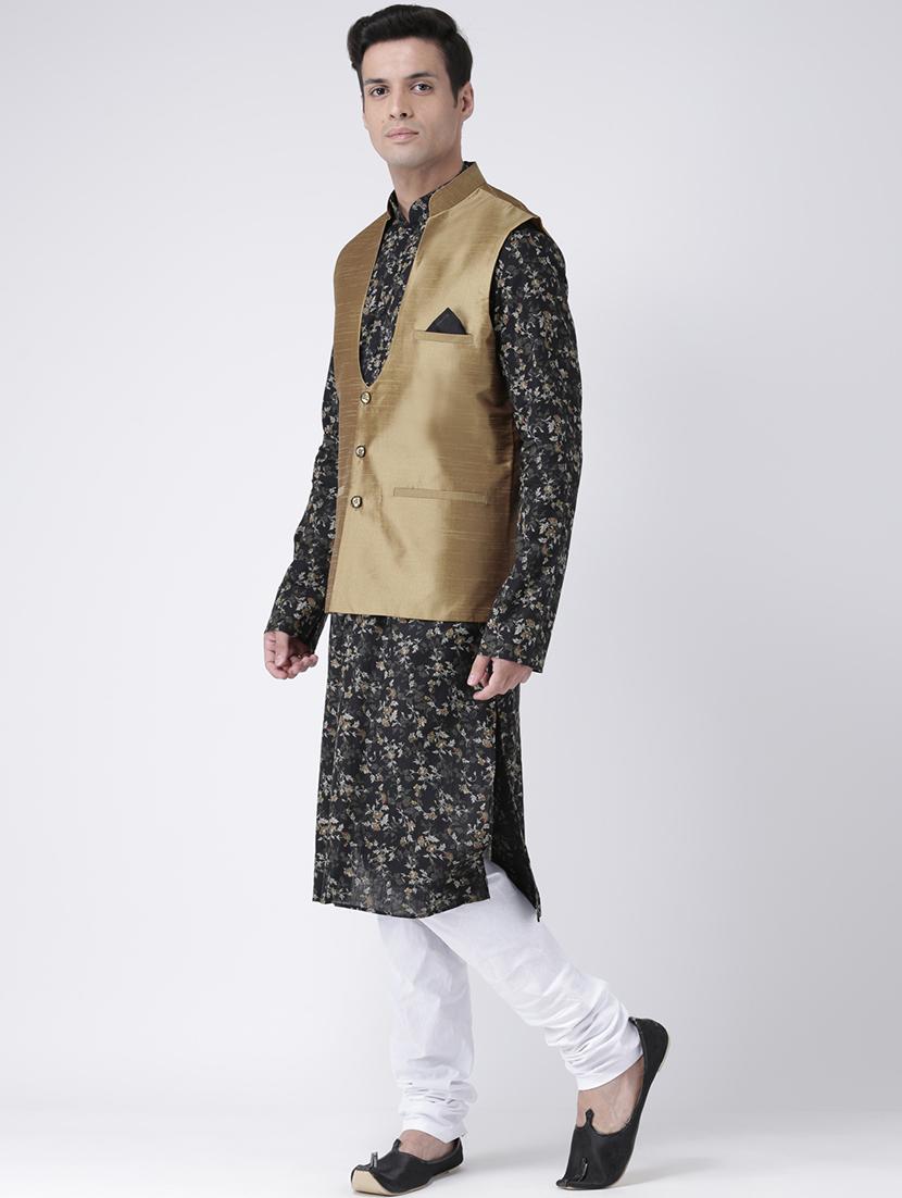 black floral printed kurta pyjama set with nehru jacket - 16595491 -  Standard Image - 1