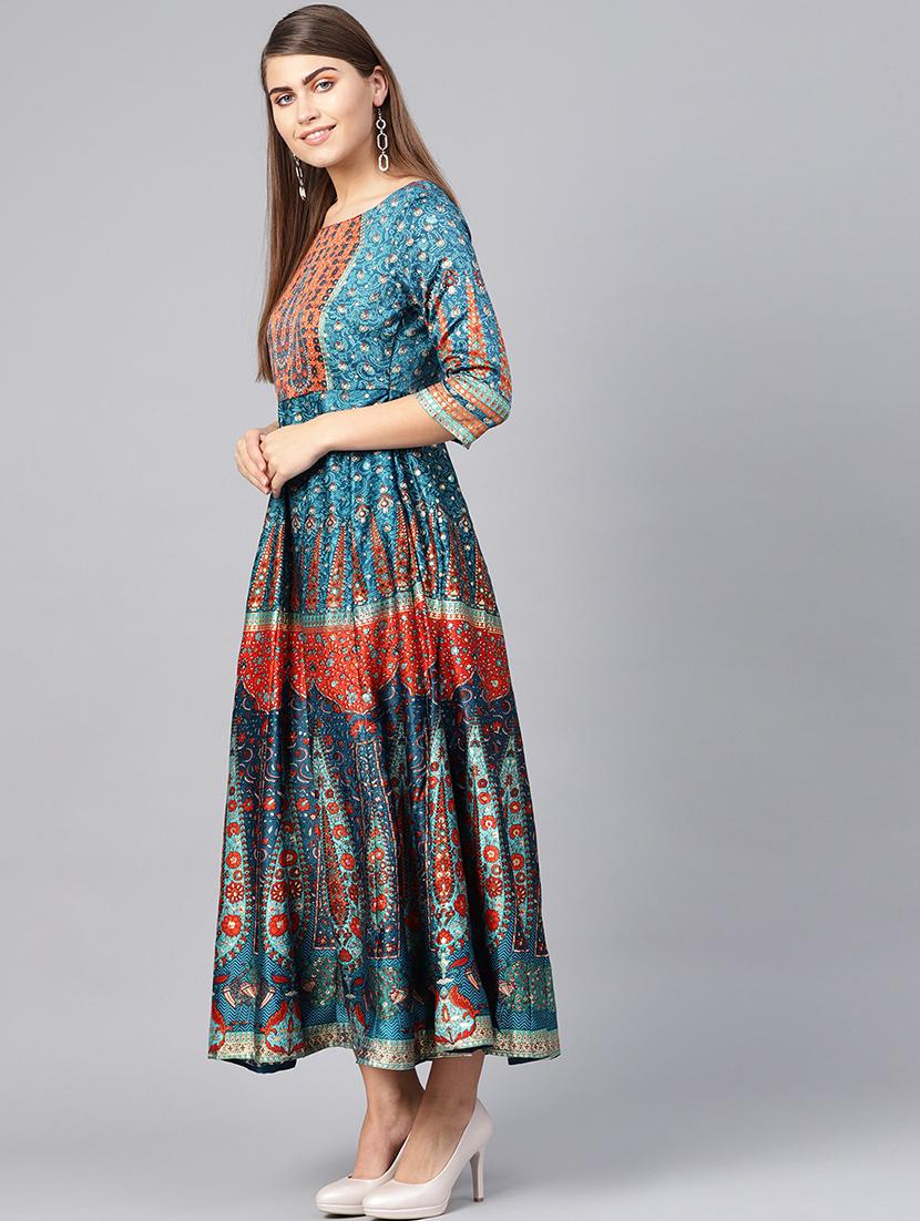 teal printed kalidar ethnic dress - 16599585 - Standard Image - 1