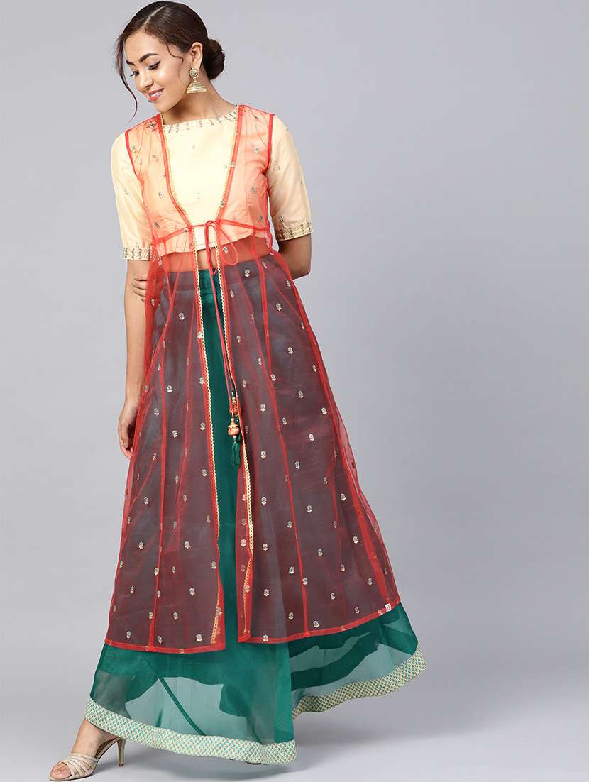 organza embellished lehenga choli shrug set 