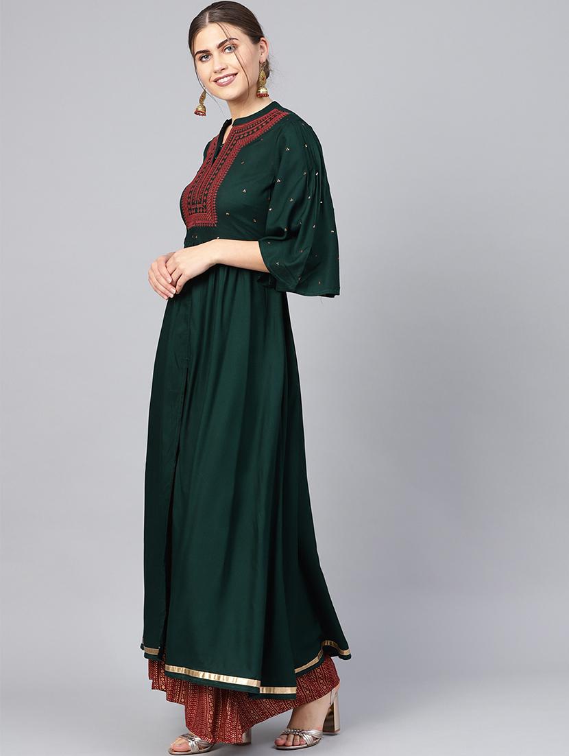 embellished front slit kurta with foil print flared palazzo - 16599620 - Standard Image - 1