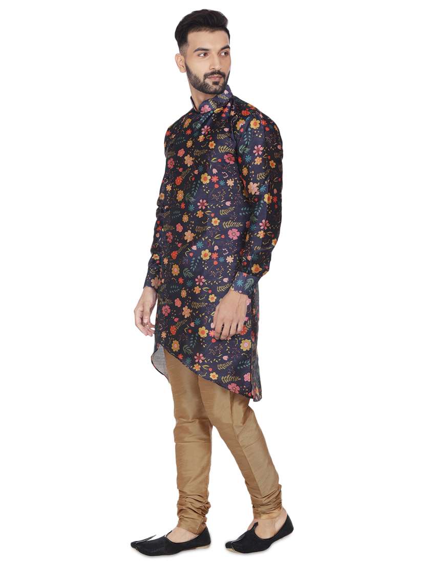 men navy blue floral print silk blend asymmetric kurta - 16599826 -  Standard Image - 1