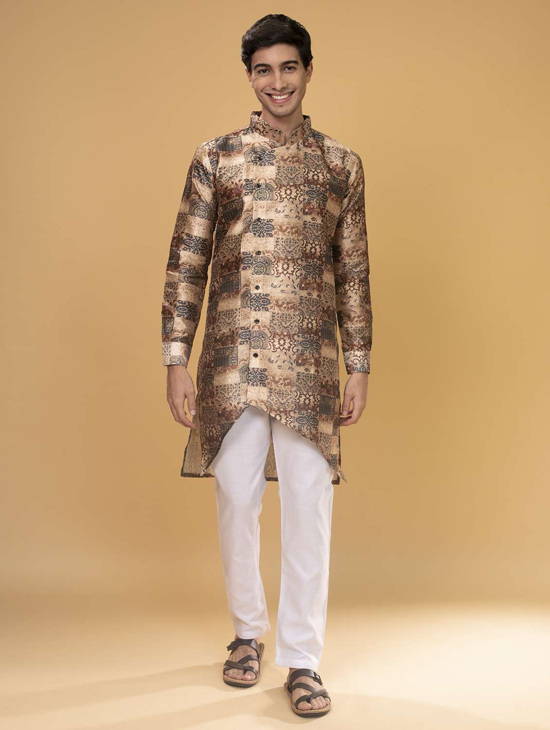 Brown Silk Printed Asymmetric Kurta