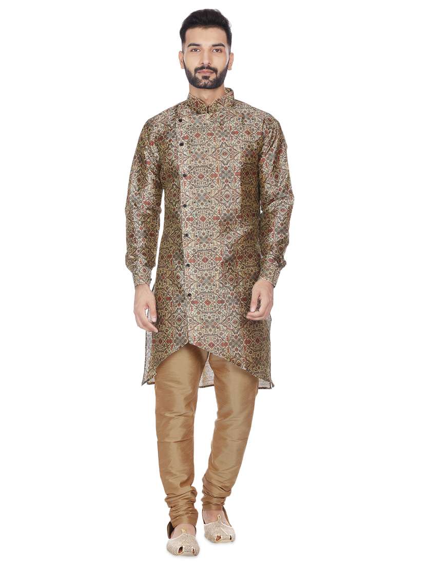 brown silk blend printed asymmetric kurta