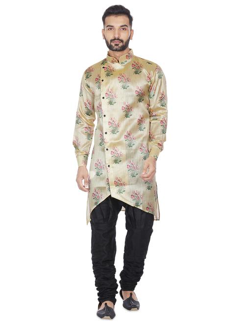 beige silk blend floral print asymmetric kurta - 16599838 - Standard Image - 0