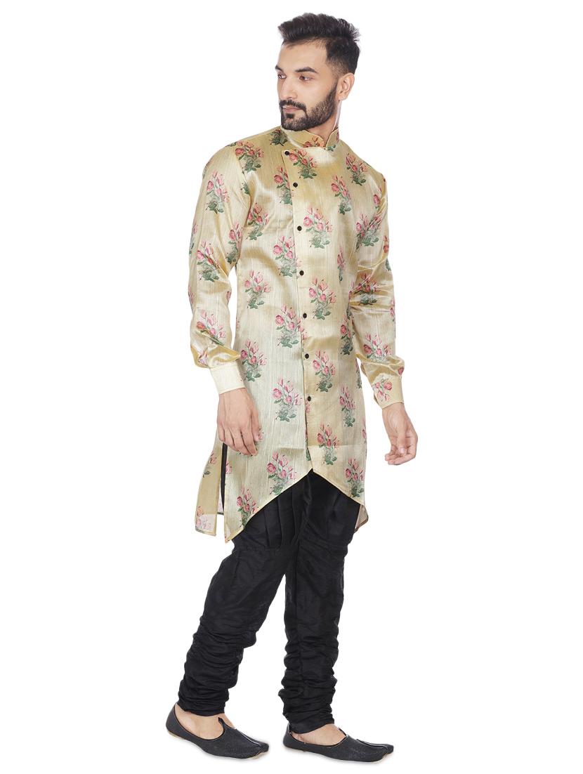 beige silk blend floral print asymmetric kurta - 16599838 - Standard Image - 1