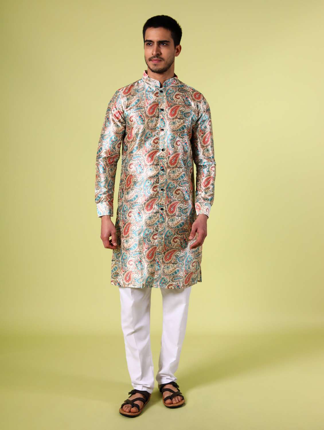 beige silk blend paisley print long kurta