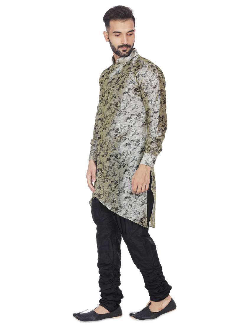 grey silk blend floral print asymmetric kurta - 16599841 -  Standard Image - 1
