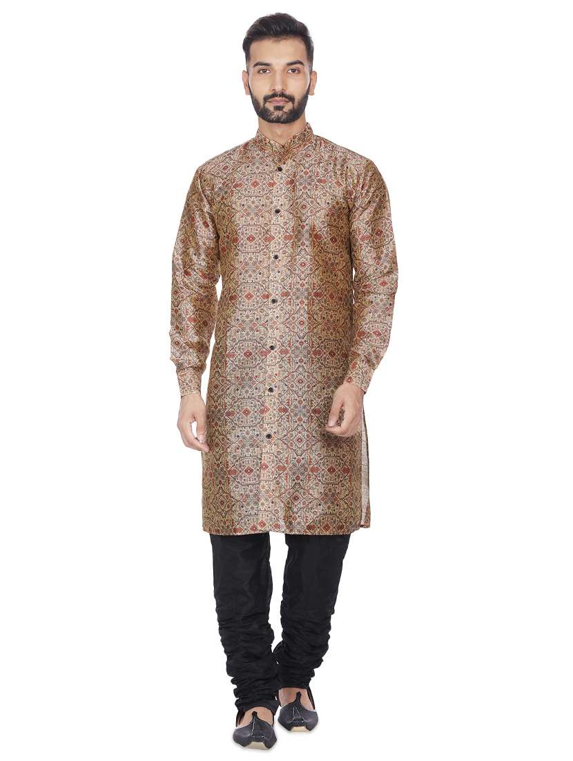 beige silk blend printed long kurta