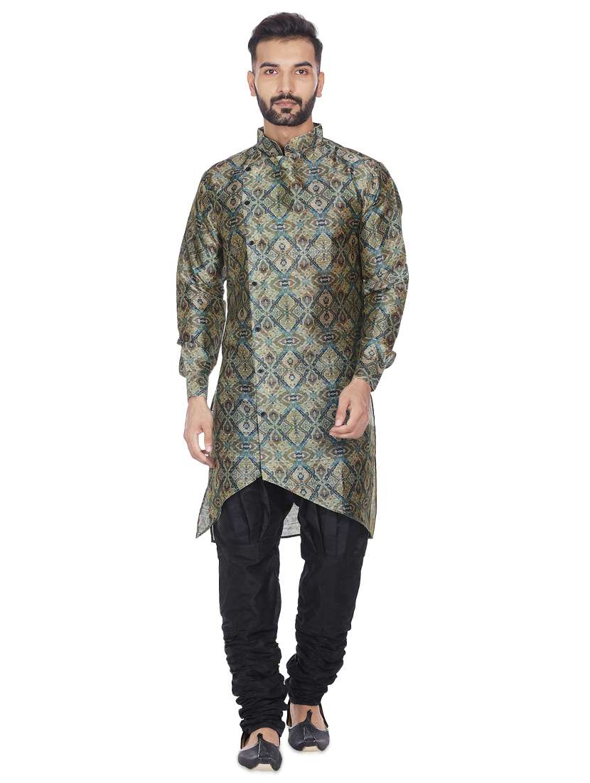 green silk blend printed asymmetric kurta