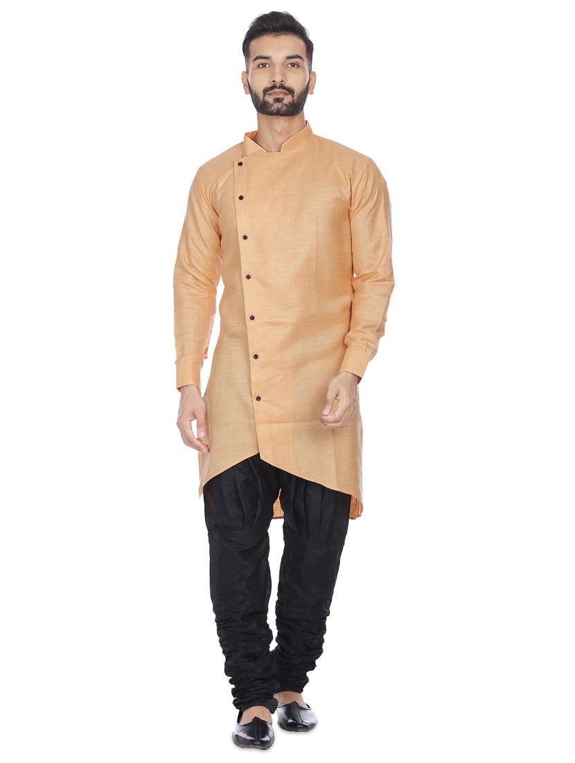 peach mandarin neck solid asymmetric kurta