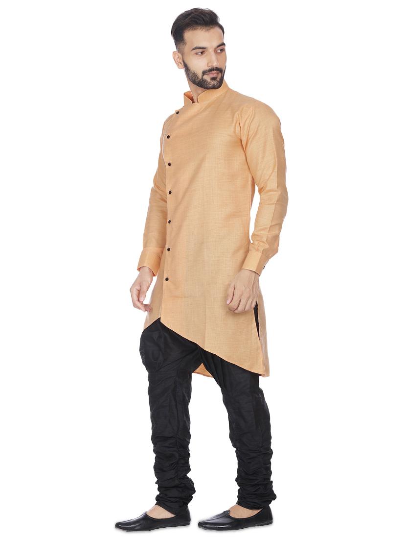 peach mandarin neck solid asymmetric kurta - 16599845 - Standard Image - 1