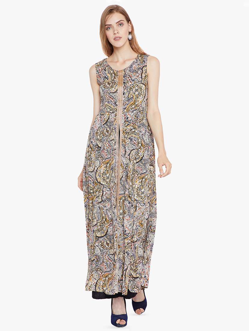 abstract printed synthetic high slit kurta - 16600742 -  Standard Image - 1