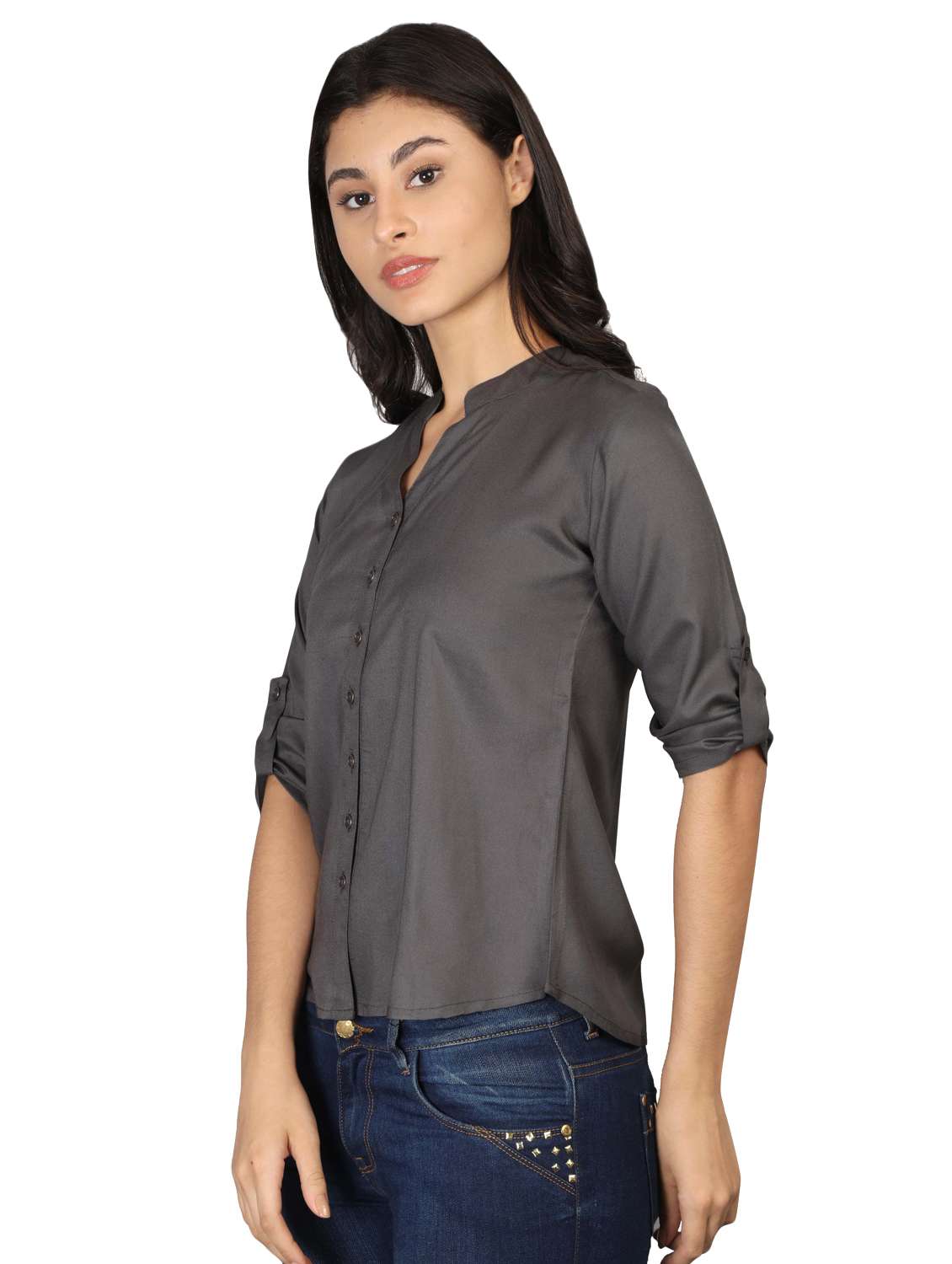 roll up sleeved mandarin neck top - 16605448 -  Standard Image - 1