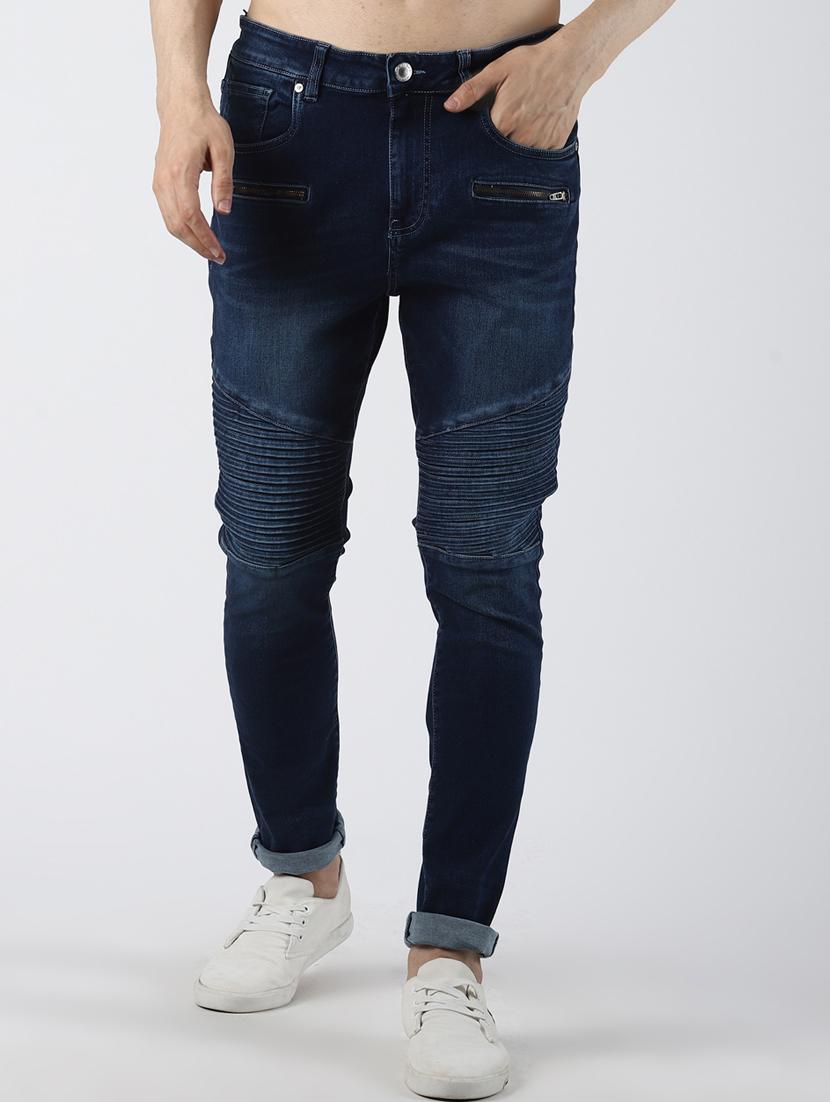blue light washed biker denim jeans