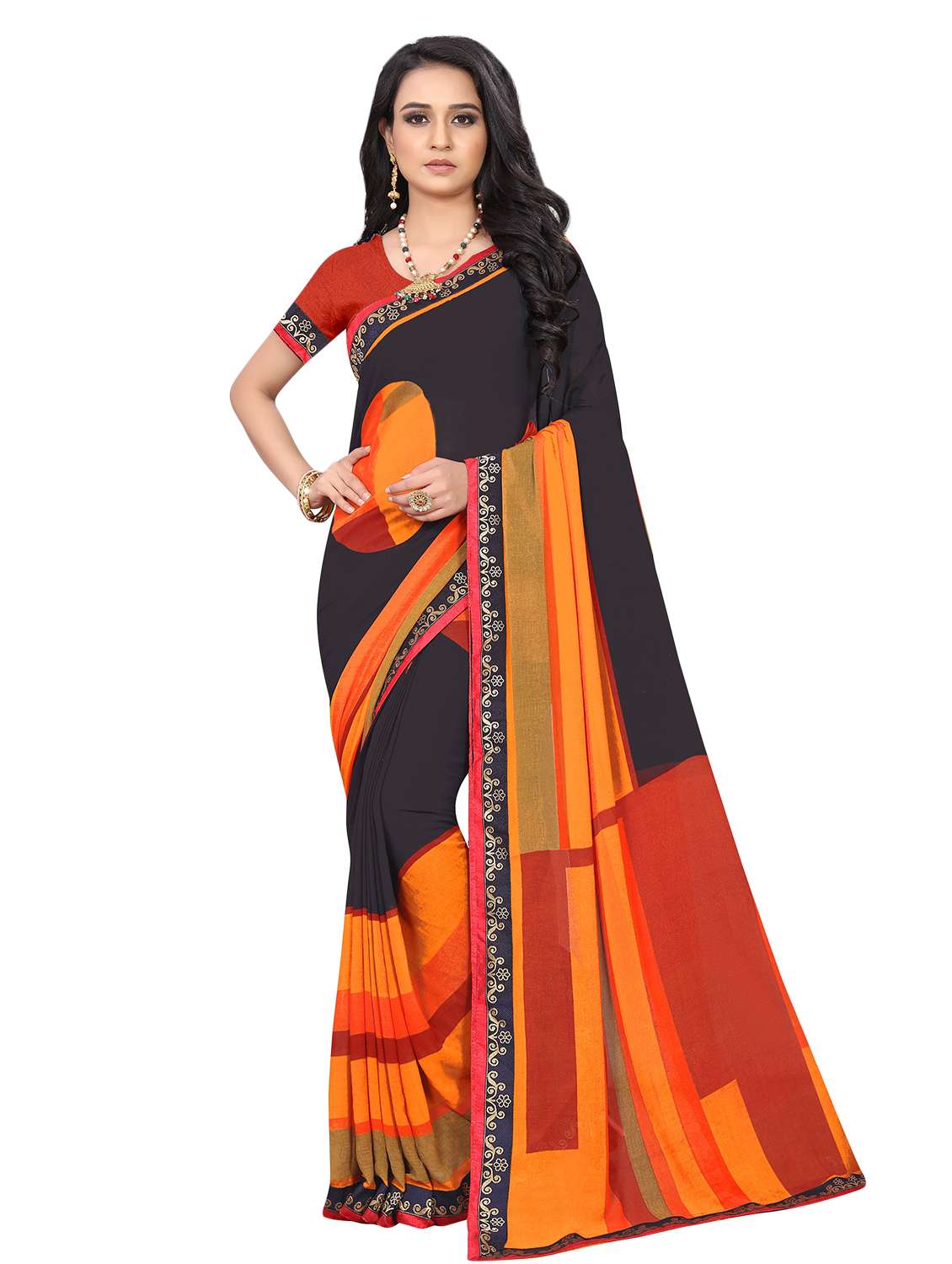 women's bordered multi colored saree with blouse